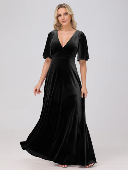 A-line V-neck short sleeved velvet and floor length bridesmaid dress