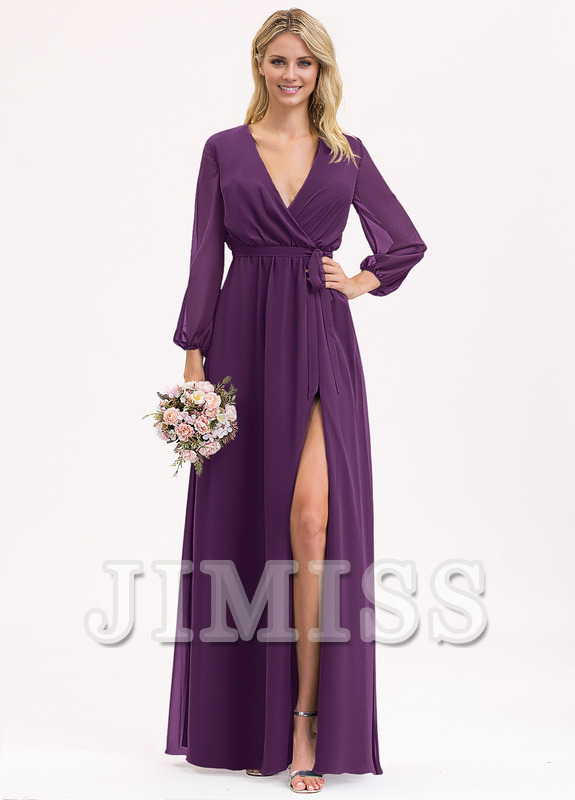 A-Line V-Neck Floor Length Chiffon Bow Pleated Bridesmaids Dress