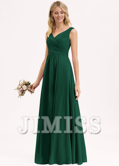 A-line V-neck floor-length chiffon pleated bridesmaid dress