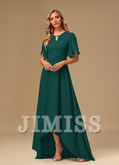 Ruffled A-line Boat Neck Asymmetric Chiffon Bridesmaids Dress