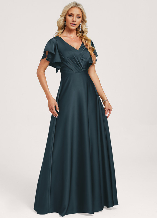 Ruffled A-line V-neck Floor-length Satin Bridesmaids Dress