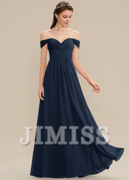 Ruffled A-line Off-the-shoulder Floor-length Chiffon Bridesmaids Dress