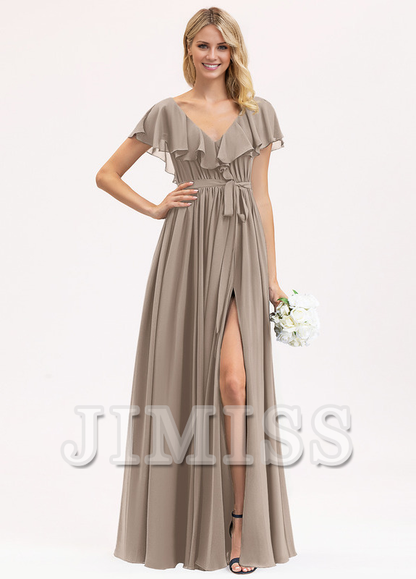 A-line V-neck floor-length chiffon bow tiered ruffle bridesmaid dress