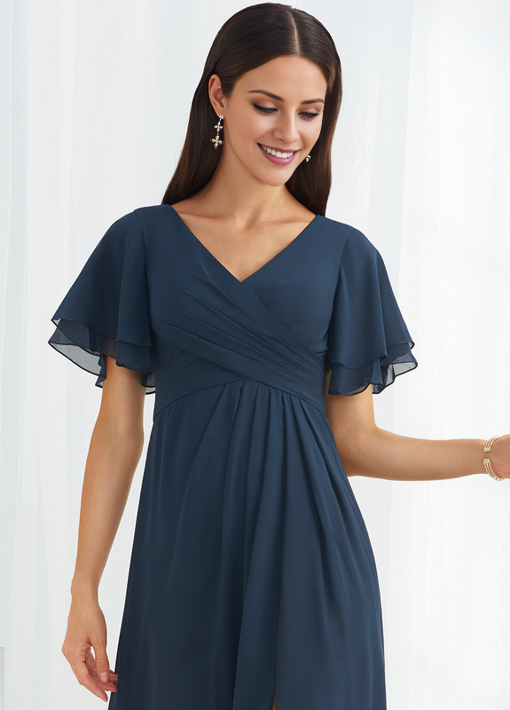 A-line V-neck floor-length chiffon bridesmaid dress