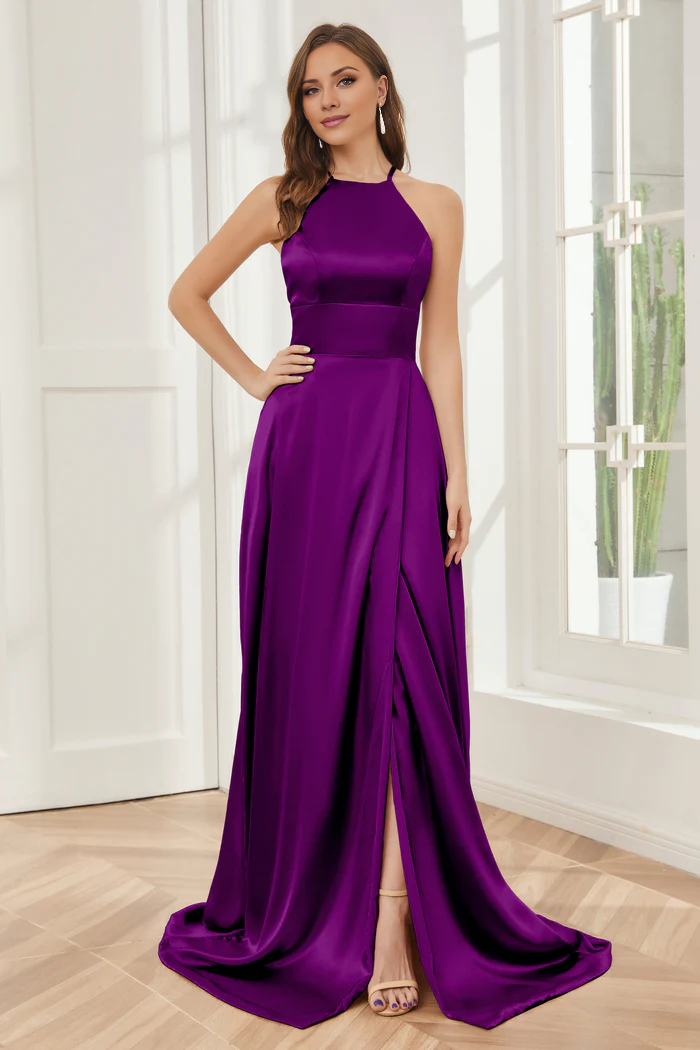 Column neck hanging soft satin and floor length bridesmaid dress