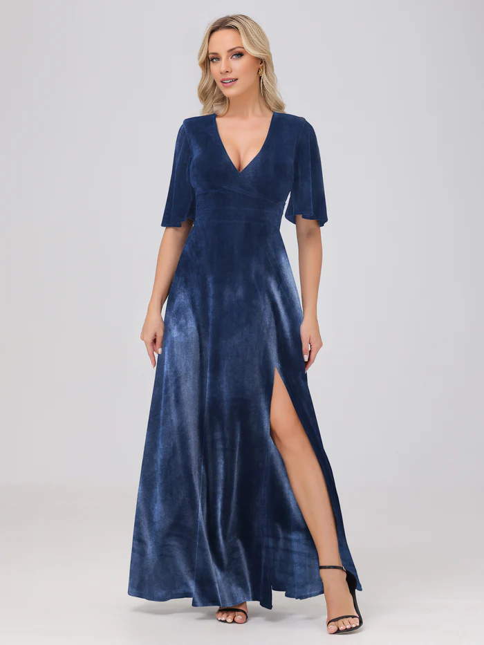 A-line V-neck short sleeved slit velvet and floor length bridesmaid dress