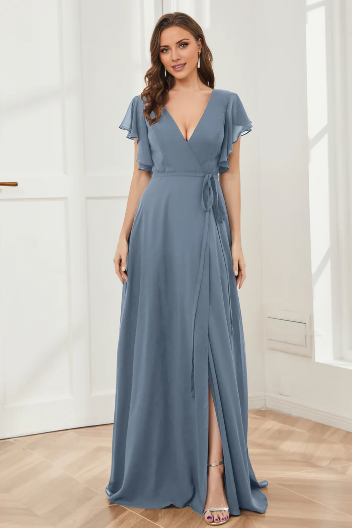 V-neck ruffled sleeve chiffon slit and floor length bridesmaid dress