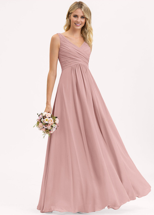 A-line V-neck floor-length chiffon pleated bridesmaid dress