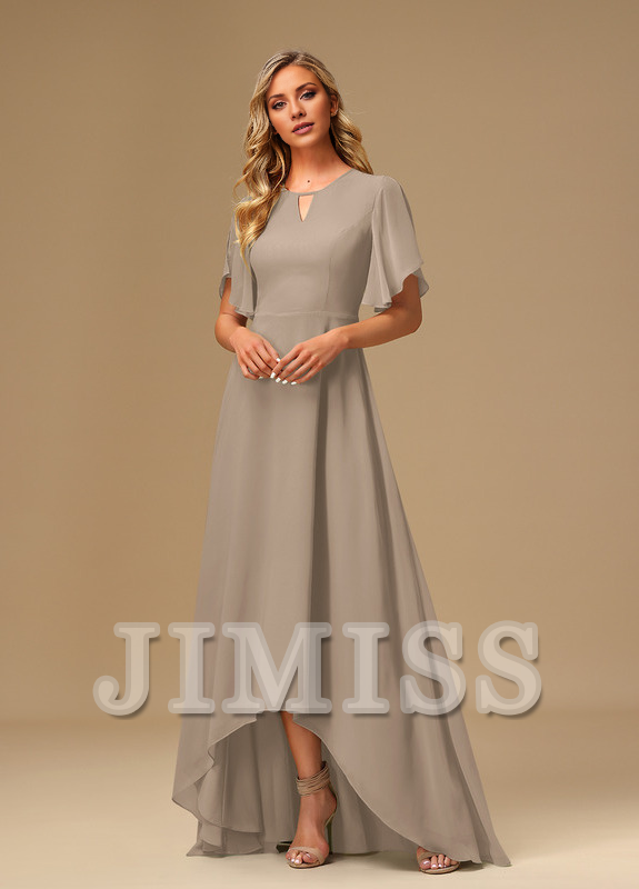 Ruffled A-line Boat Neck Asymmetric Chiffon Bridesmaids Dress