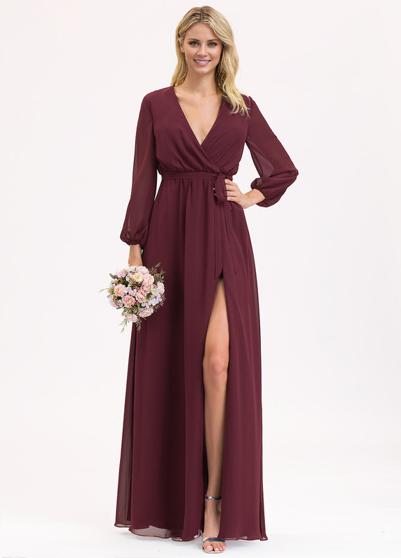 A-Line V-Neck Floor Length Chiffon Bow Pleated Bridesmaids Dress