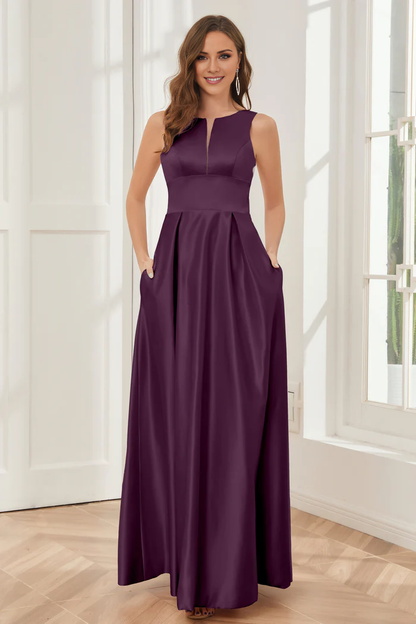 A-line sleeveless satin and floor length bridesmaid dress