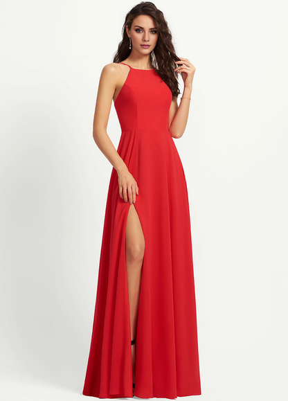 A-line low round neck floor down chiffon bridesmaid dress