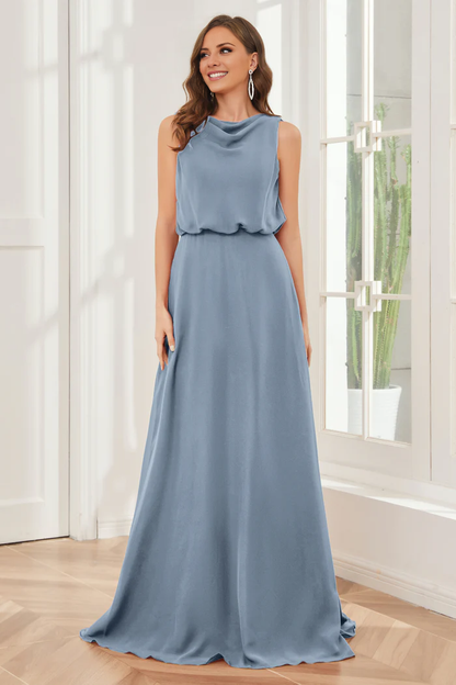 Pillar style wind neck sleeveless chiffon and floor length bridesmaid dress