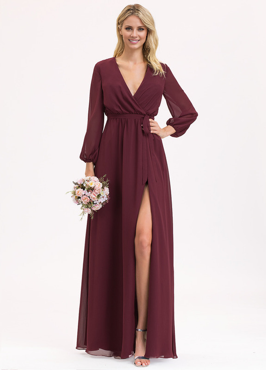 A-Line V-Neck Floor Length Chiffon Bow Pleated Bridesmaids Dress
