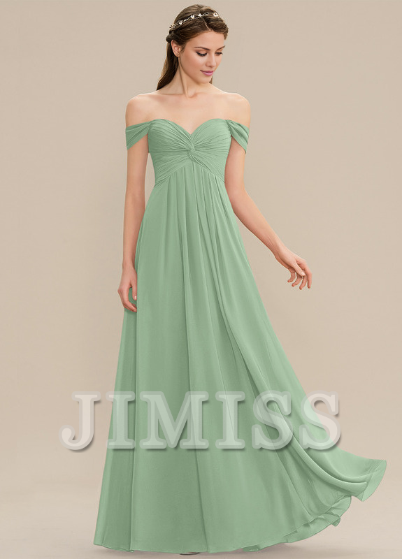Ruffled A-line Off-the-shoulder Floor-length Chiffon Bridesmaids Dress