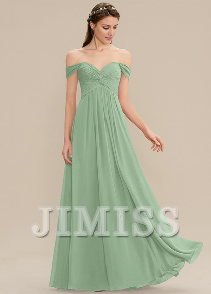 Ruffled A-line Off-the-shoulder Floor-length Chiffon Bridesmaids Dress