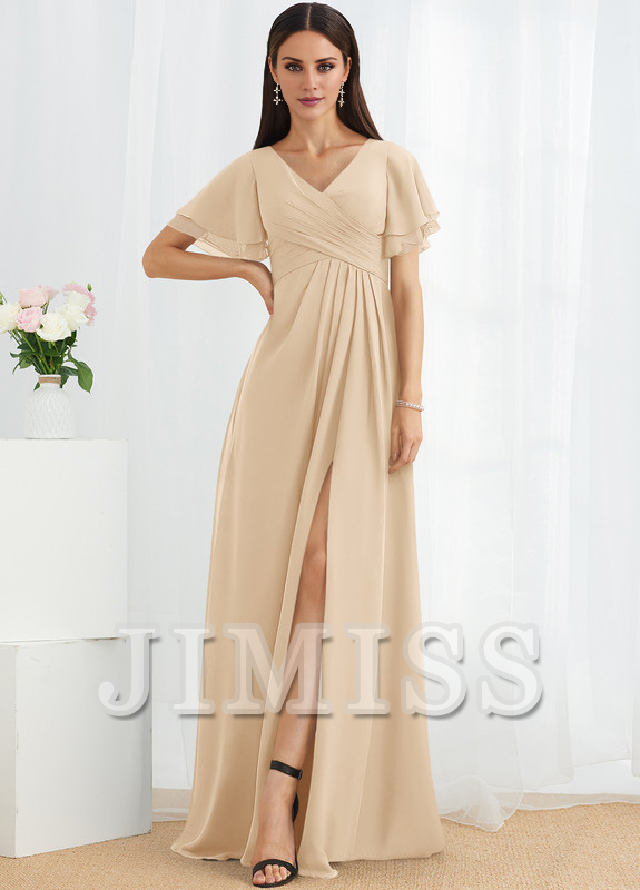 A-line V-neck floor-length chiffon bridesmaid dress
