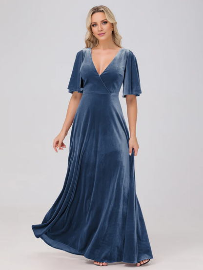 A-line V-neck short sleeved velvet and floor length bridesmaid dress