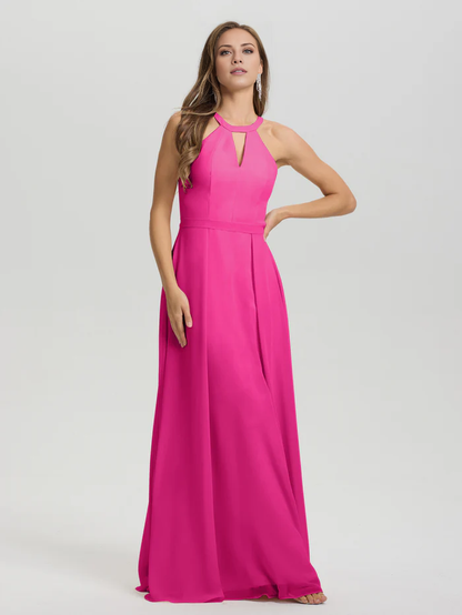 A-line keyhole collar sleeveless chiffon and floor length bridesmaid dress
