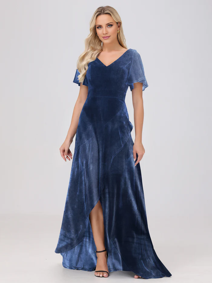 V-neck short sleeved ruffled velvet and floor length bridesmaid dress