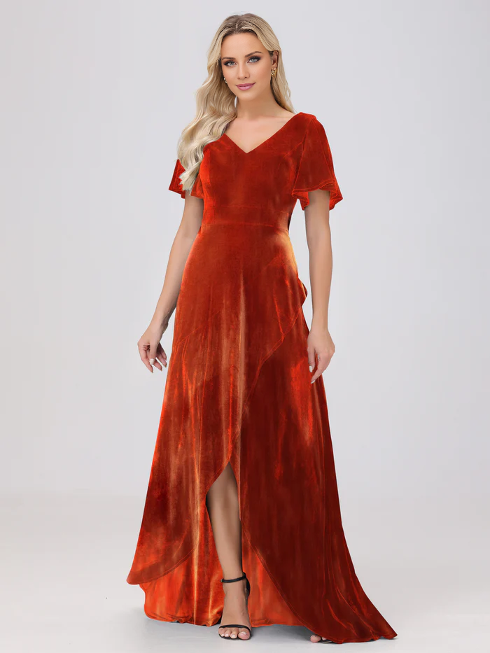 V-neck short sleeved ruffled velvet and floor length bridesmaid dress