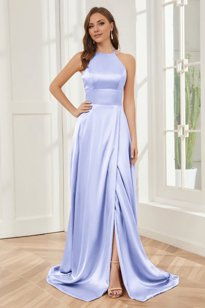 Column neck hanging soft satin and floor length bridesmaid dress