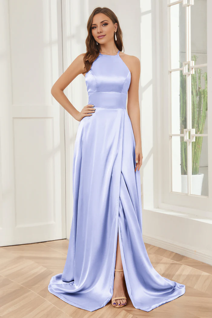 Column neck hanging soft satin and floor length bridesmaid dress