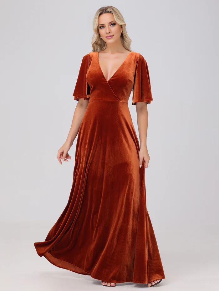 A-line V-neck short sleeved velvet and floor length bridesmaid dress