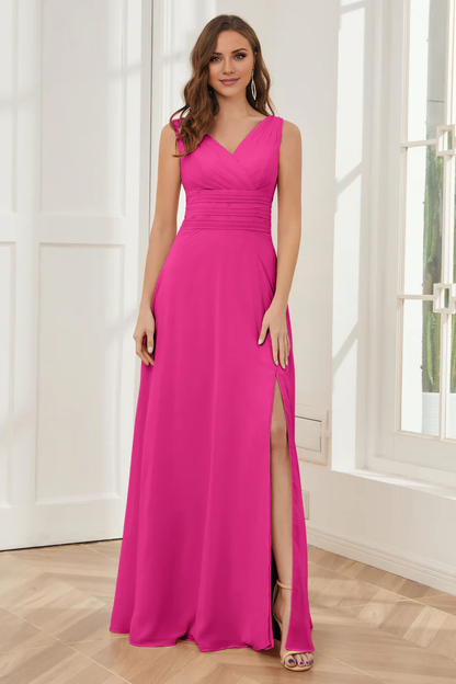 V-neck sleeveless chiffon side slit and floor length bridesmaid dress