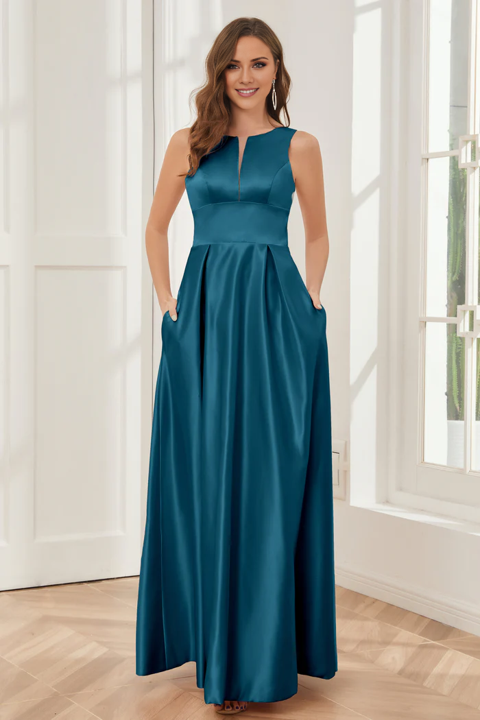 A-line sleeveless satin and floor length bridesmaid dress