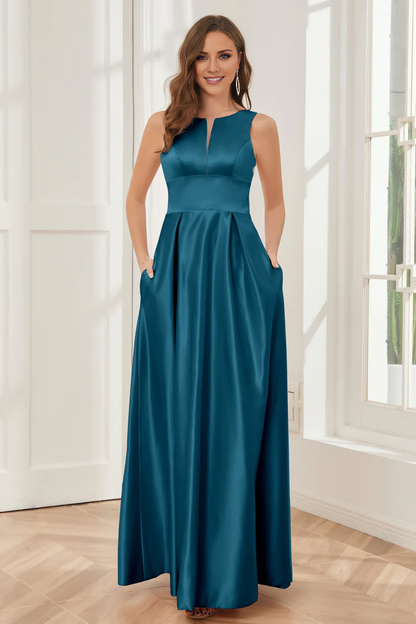A-line sleeveless satin and floor length bridesmaid dress