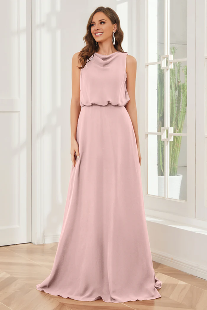 Pillar style wind neck sleeveless chiffon and floor length bridesmaid dress