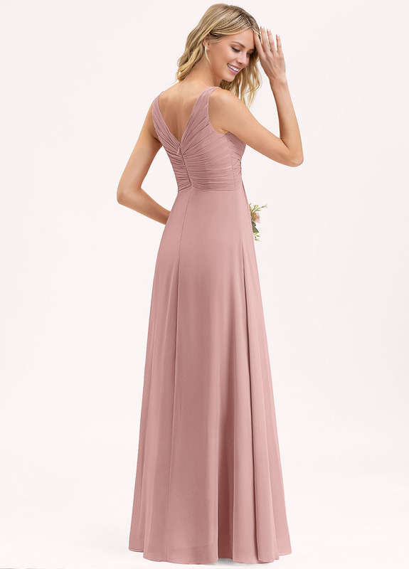 A-line V-neck floor-length chiffon pleated bridesmaid dress