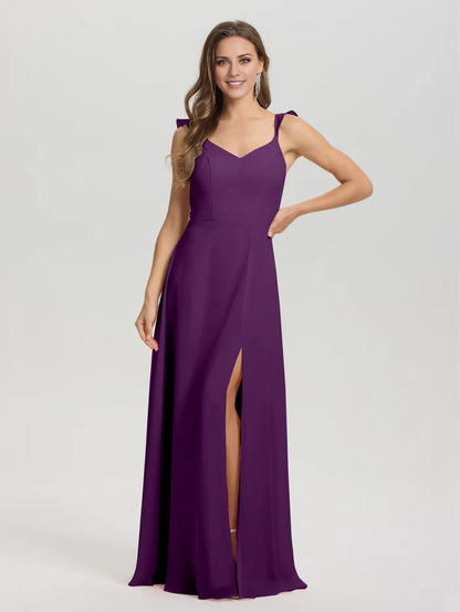 V-neck shoulder strap tied chiffon slit and floor length bridesmaid dress
