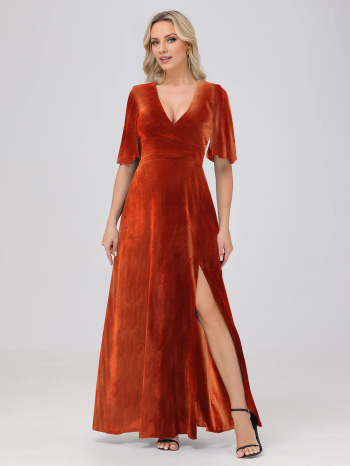 A-line V-neck short sleeved slit velvet and floor length bridesmaid dress