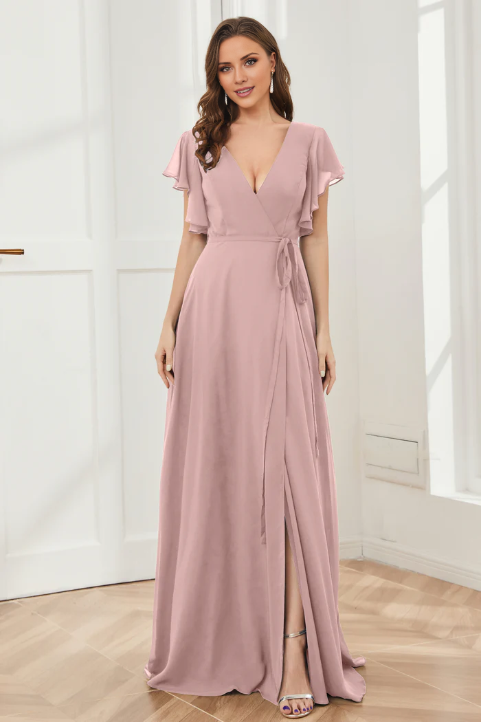 V-neck ruffled sleeve chiffon slit and floor length bridesmaid dress