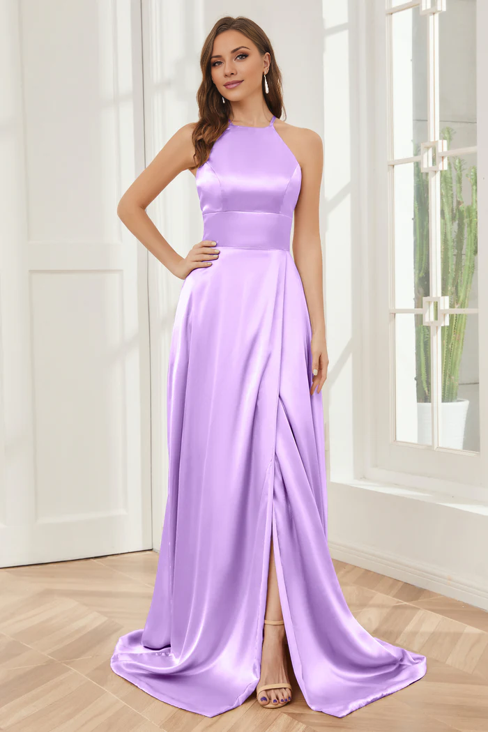 Column neck hanging soft satin and floor length bridesmaid dress
