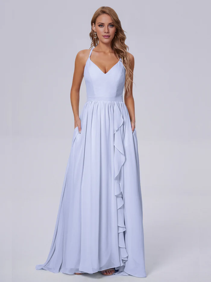 Elegant shoulder strap chiffon and floor length bridesmaid dress