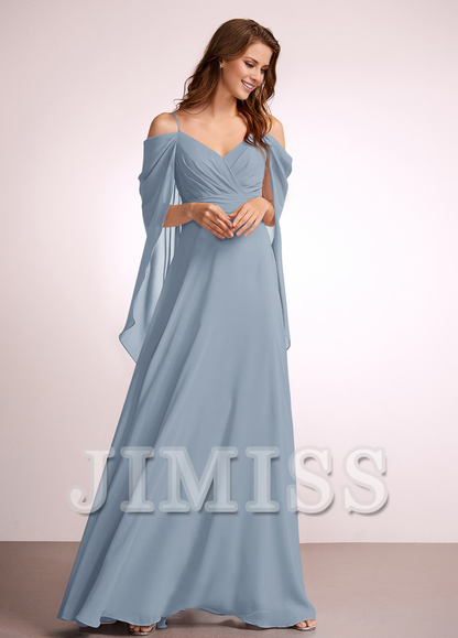 A-line off-shoulder floor-length chiffon bridesmaid dress