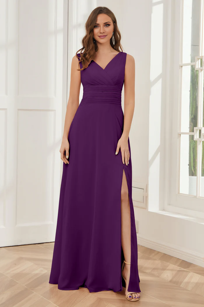 V-neck sleeveless chiffon side slit and floor length bridesmaid dress