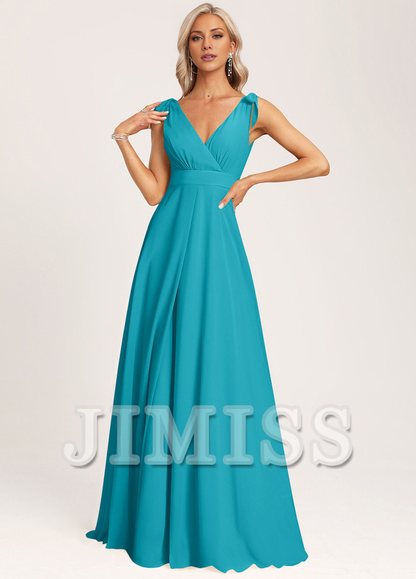A-link V-neck and ground chiffon bow bridesmaid dress