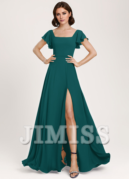 Ruffled A-Line Square Floor-Length Chiffon Bridesmaids Dress