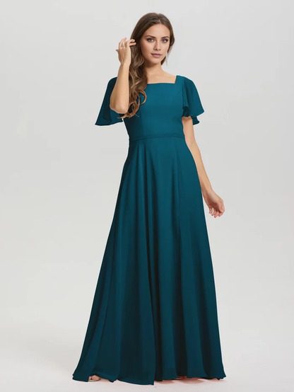 A-line square collar ruffled short sleeved and ground chiffon/ground length bridesmaid dress
