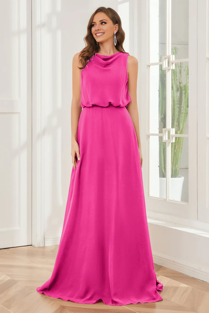 Pillar style wind neck sleeveless chiffon and floor length bridesmaid dress