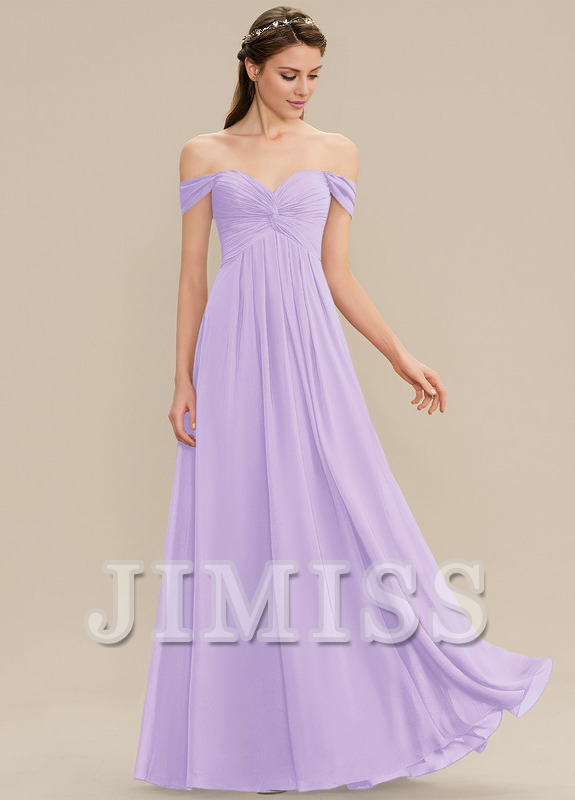 Ruffled A-line Off-the-shoulder Floor-length Chiffon Bridesmaids Dress