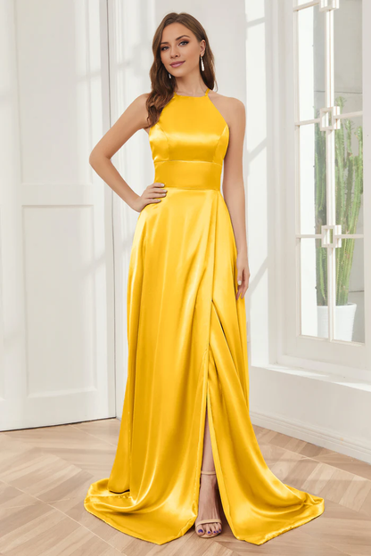 Column neck hanging soft satin and floor length bridesmaid dress