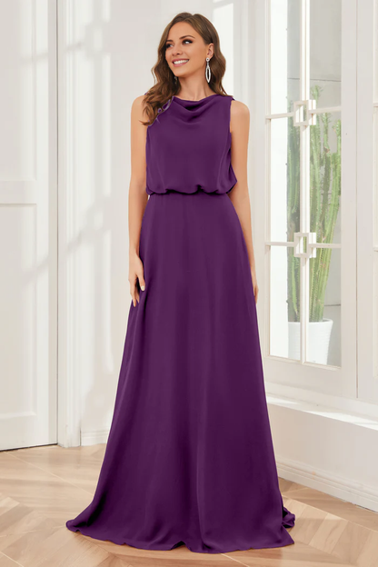 Pillar style wind neck sleeveless chiffon and floor length bridesmaid dress