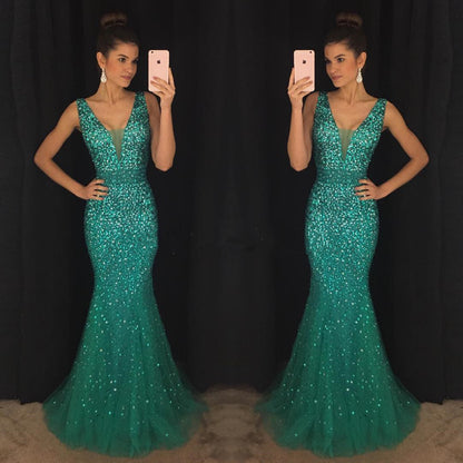 Deep V Neck Long Mermaid Evening Dresses Crystal Beaded