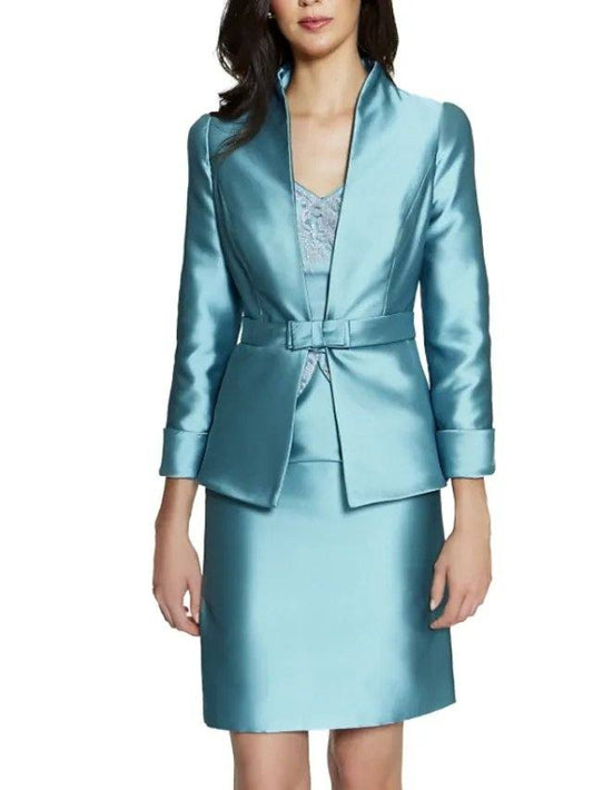 Two Piece Sheath / Column Mother of the Bride Dress Elegant Vintage Jewel Neck Knee Length Taffeta 3/4 Length Sleeve with Lace Bow(s) - RongMoon