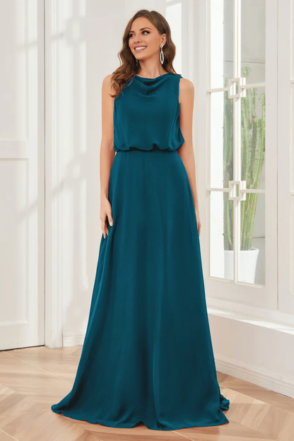 Pillar style wind neck sleeveless chiffon and floor length bridesmaid dress